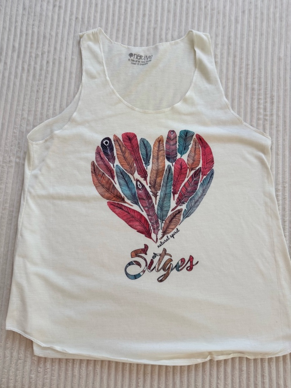 NWOT Sitges Spain Native White Tank Top with Colorful Feather Heart Graphic